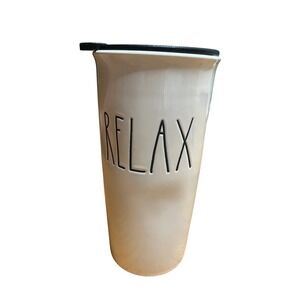 Rae Dunn Relax Travel Mug Coffee Cup With Lid White Black Letters